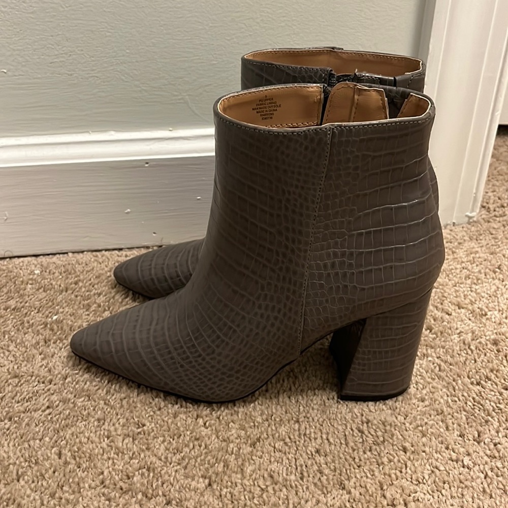 Gray Croc heeled booties